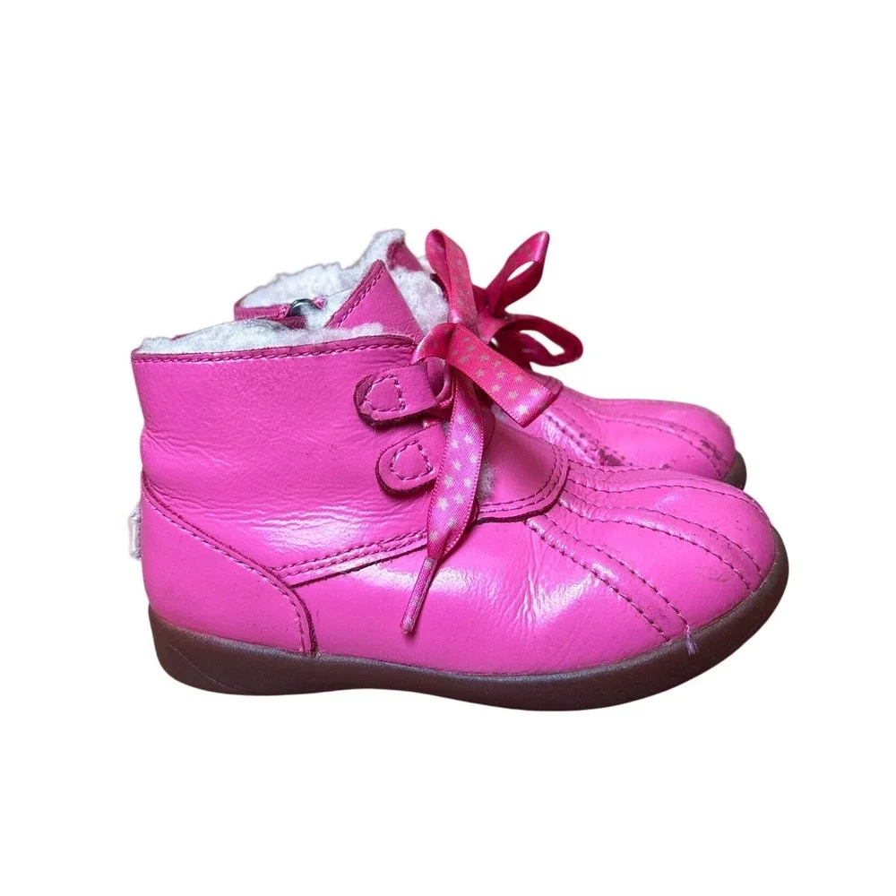 UGG Duck Boots‎ Kids Pink Leather Faux Shearling Zip Ribbon Lace SIZE 7